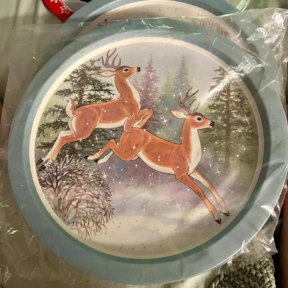 J.S.N.Y. Deer Winter Scene Holiday Tin Tray‎ Vintage Y2K Christmas Decor 12.5